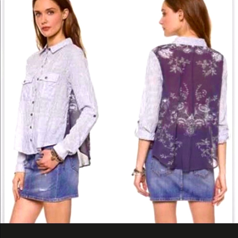 Free People Chambray Striped Multiprint Button Down Top